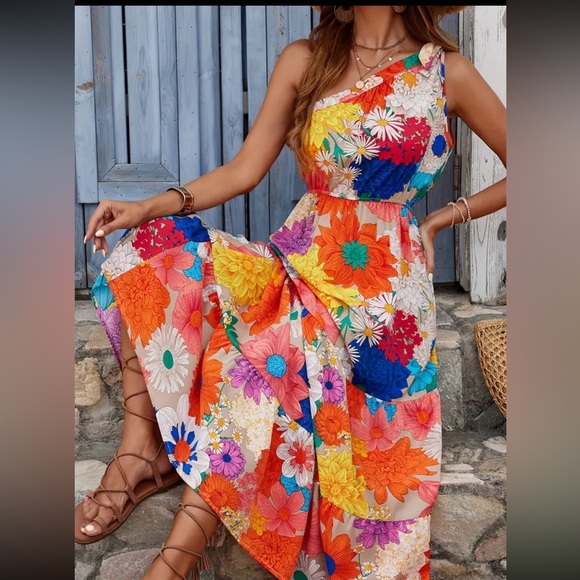 One Shoulder Tiered Floral Multicolor Maxi Dress - Picture 1 of 9